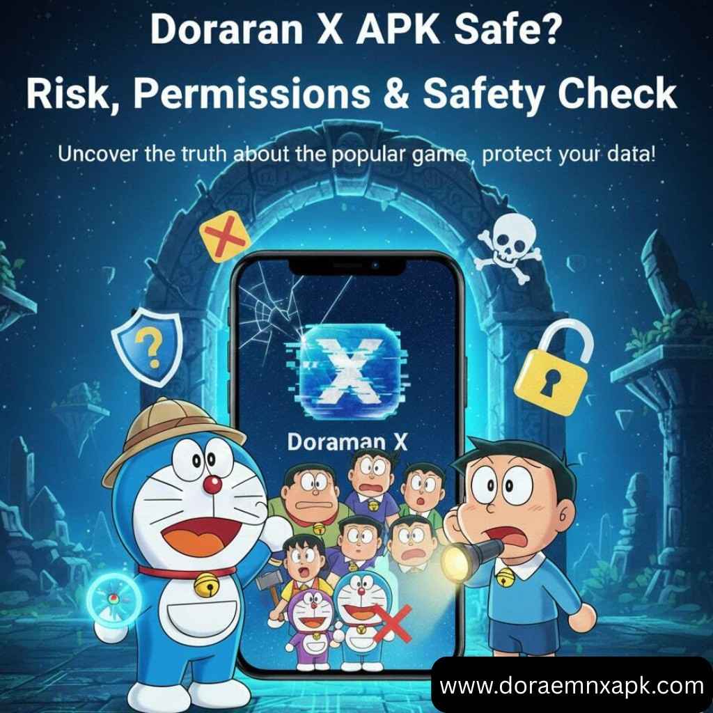 Doraemon X APK Safety Check – Security risks and permissions analysis with Doraemon and Nobita characters.