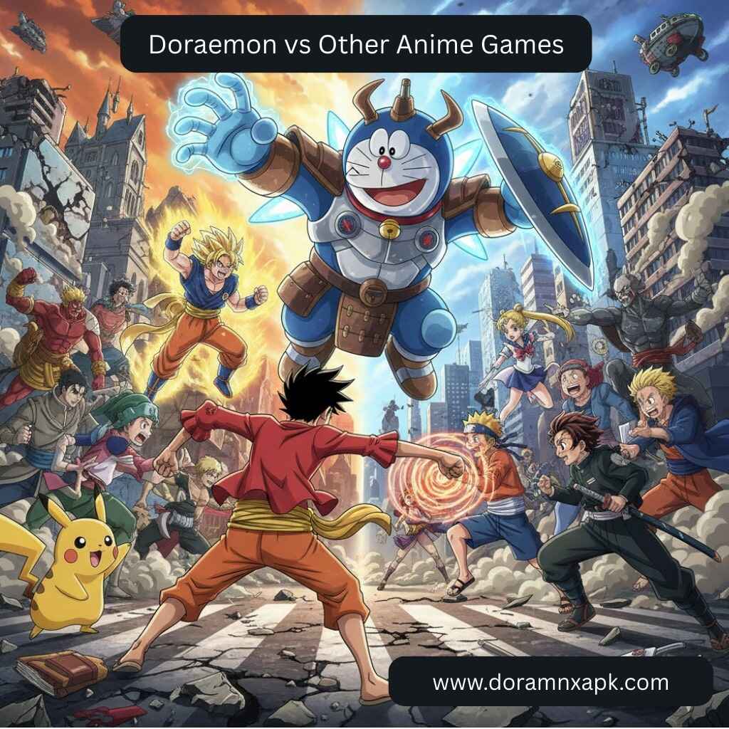 Epic anime crossover battle featuring giant armored Doraemon vs Goku, Luffy, Naruto, and Tanjiro in a destroyed city setting, high-quality digital art."