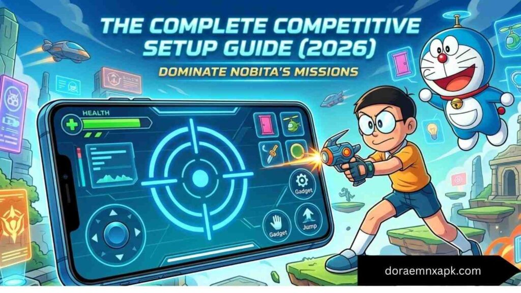Doraemon X APK best competitive control layout and UI settings for Android showing Nobita in combat with optimized joystick and action button placement.