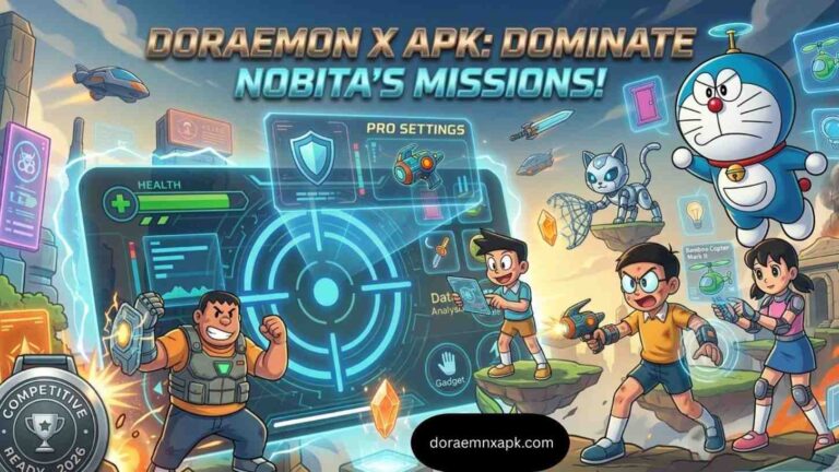 Doraemon X APK pro gameplay featuring Nobita, Shizuka, and Gian with a futuristic tactical HUD overlay, highlighting competitive control settings and group mission strategy for 2026.